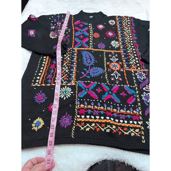 Cape Isle Knitters Embroidered Patchwork Sweater L Black & Multicolor - Picture 4 of 5